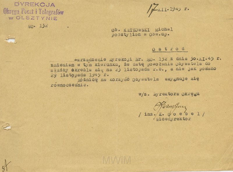 KKE 5585.jpg - Dok. Pismo z Dyrekcji Okręgu Poczt i Telekomunikacji w Olsztynie do Michała Katkowskiego dotyczące podania o pracę, Olsztyn, 15 XII 1945 r.